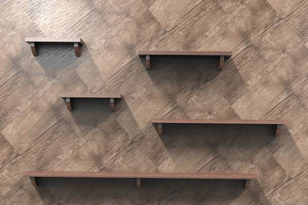3d render illustration of empty shelves on wooden tile wall background with copy space.