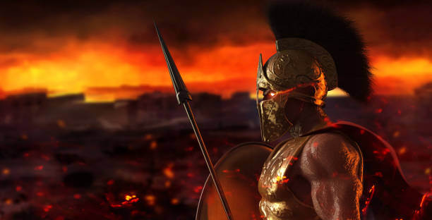 3d render illustration of spartan demigod. 3d render illustration of spartan king demigod in golden armor and helmet, holding spear and shield on burning battlefield background. warrior god stock pictures, royalty-free photos & images