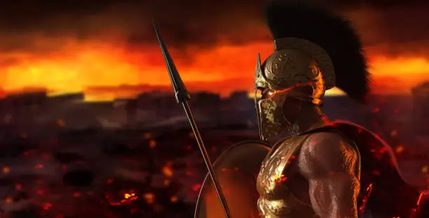 3d render illustration of spartan king demigod in golden armor and helmet, holding spear and shield on burning battlefield background.
