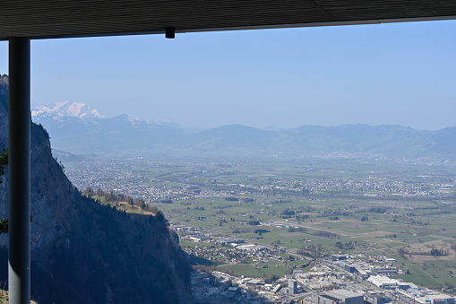 Dornbirn, Austria, March 28, 2022 - View from Karren edge to Dornbirn and Lustenau in Switzerland
