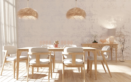 Interior of dining room with white texture cement wall and light entering the window.3d rendering