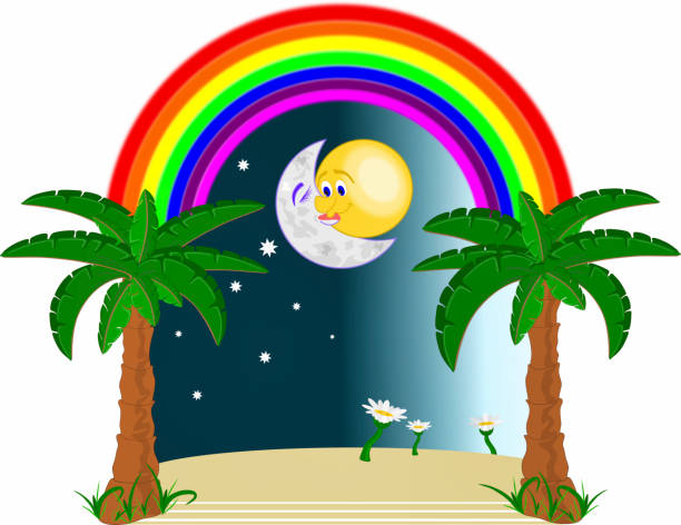 The sun and the moon kissing under a rainbow and among palm trees The sun and the moon kissing under a rainbow and among palm trees kissing on the mouth stock illustrations