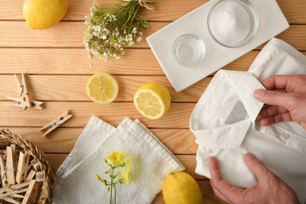 istock Comparative concept of washing clothes with friendly products on bench 1392989579