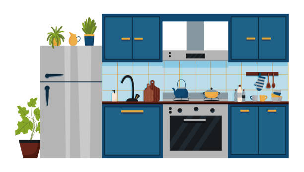 Modern cozy kitchen interior design in blue color with furniture and appliances isolated on white. Refrigerator and stove, shelves with plants. Flat vector illustration Modern cozy kitchen interior design in blue color with furniture and appliances isolated on white. Refrigerator and stove, shelves with plants. Flat vector illustration kitchen stock illustrations