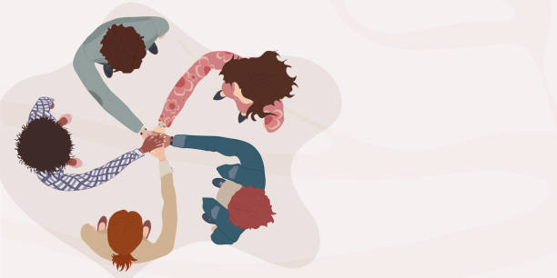 Diverse and multicultural people in a circle with hands on top of each other. Top view. Diversity people. Racial equality. Concept of teamwork community and cooperation.Diverse culture vector art illustration