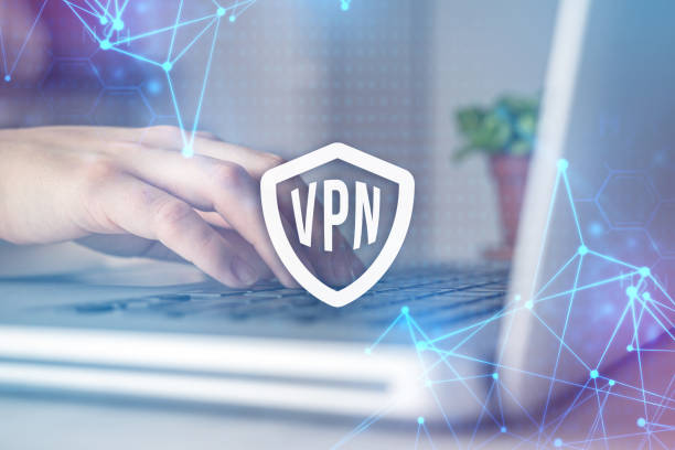istock Modern laptop with VPN and user hand close-up. Virtual private network. Internet connection privacy concept photo 1392993232