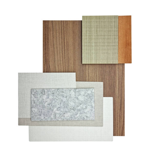 istock interior material board containing ash and oak veneers, fabric laminateds, grainy quartz stone, oak laminated, interior fabric wallpaper samples isolated on background with clipping path. 1392994564
