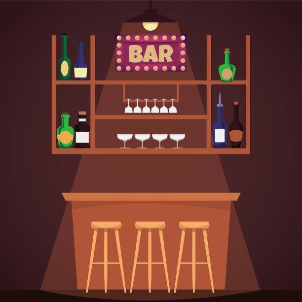 ilustrações de stock, clip art, desenhos animados e ícones de empty bar counter with chairs and shelf with alcoholic drinks, flat vector illustration. - bar bar counter pub beer