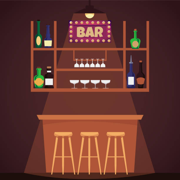 Empty bar counter with chairs and shelf with alcoholic drinks, flat vector illustration. Empty bar counter with chairs and shelf with alcoholic drinks, flat vector illustration. Wooden interior of classic bar, pub or club. Drinking establishment background. bar drink establishment stock illustrations