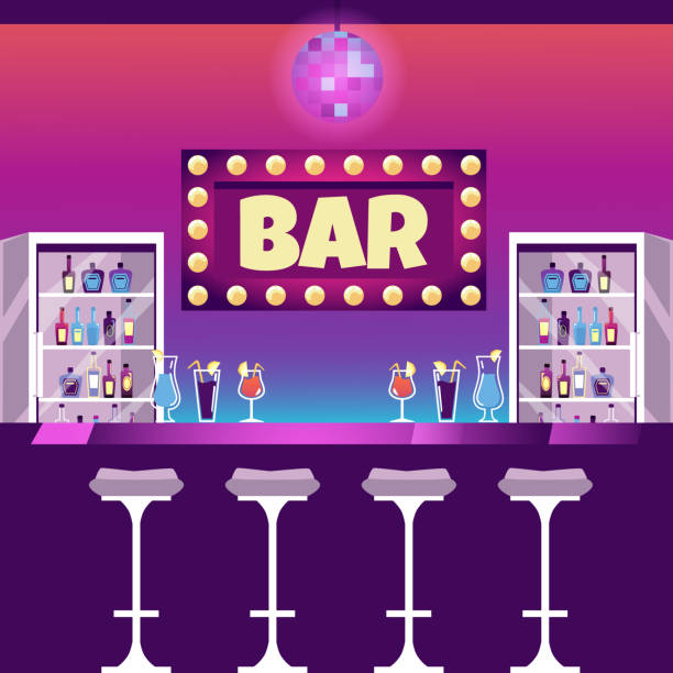 Bar establishment empty interior background, flat vector illustration. Bar establishment empty interior background with bar counter and neon banners, flat vector illustration. Inside bar or pub. Establishment for sale of alcoholic products. bar drink establishment illustrations stock illustrations