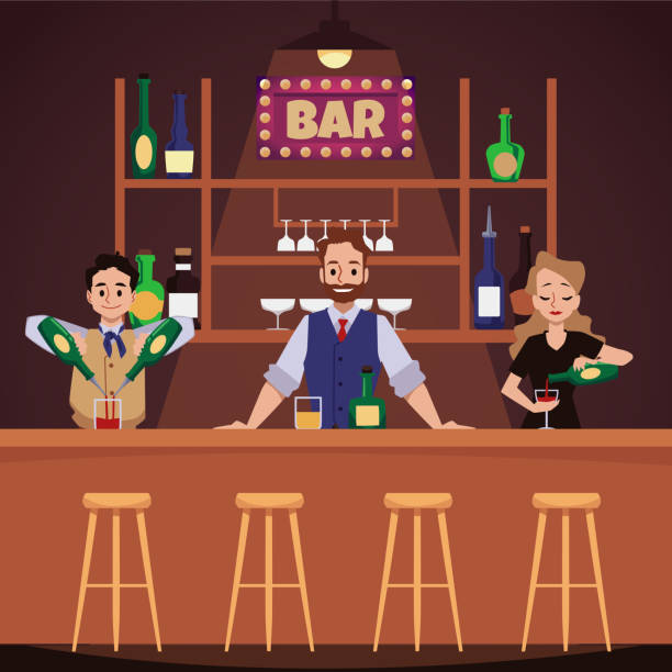 barmani demonstrują swoje umiejętności mieszania napojów, płaskiej ilustracji wektorowej. - vehicle interior restaurant bar bar counter stock illustrations