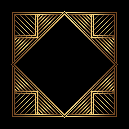 Vector square golden frame on the black background. Isolated Art Deco symmetric border with empty space