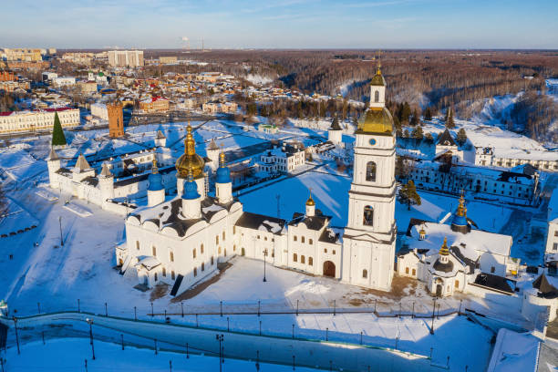 Tobolsk in winter. Tobolsk Kremlin - the sole stone fortress in Siberia. Aerial view. stock photo