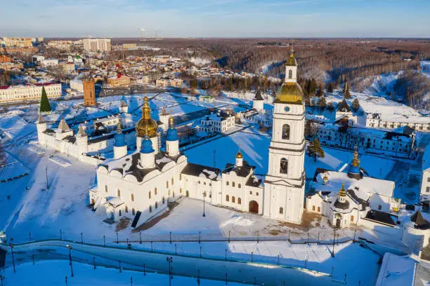 Tobolsk in winter. Tobolsk Kremlin - the sole stone fortress in Siberia. Aerial view.