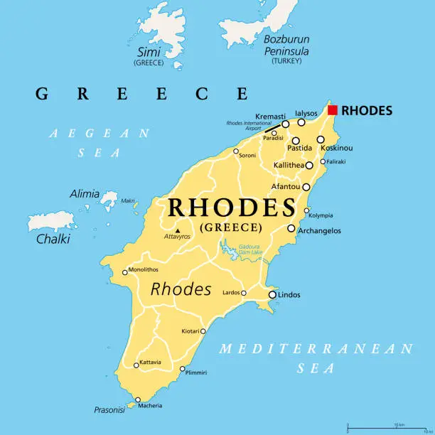 Vector illustration of Rhodes, political map, largest of the Dodecanese island of Greece