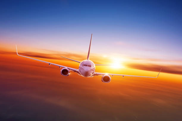 istock Flying liner straight at speed in the morning sky at dawn. 1392996199