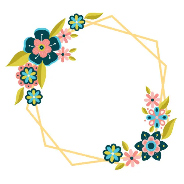 Vector illustration of Naive flowers with gold geometric frame. Golden linear border and spring botanic design