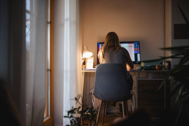 istock Rear view of freelancer working late on deadlines at computer 1392999260