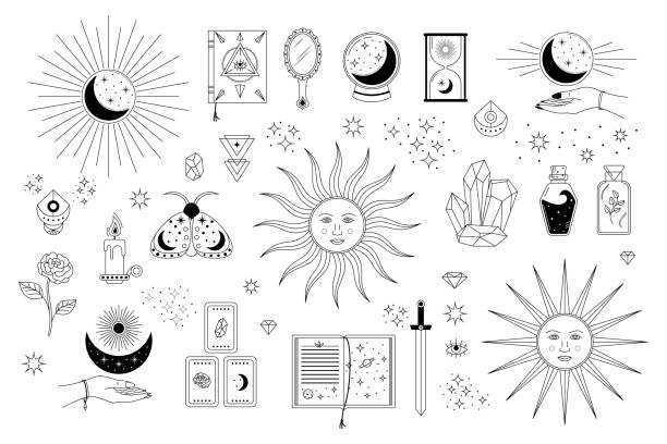ilustraciones, imágenes clip art, dibujos animados e iconos de stock de conjunto vectorial de elementos y símbolos esotéricos y solares. objetos mágicos de arte lineal e iconos celestianos - gem jewelry symbol shape