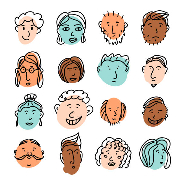Vector doodle faces on color spots. Hand drawn people faces icons with emotions. vector art illustration