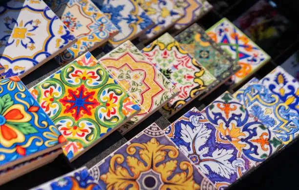 Photo of colorful azulejo souvenir tiles background