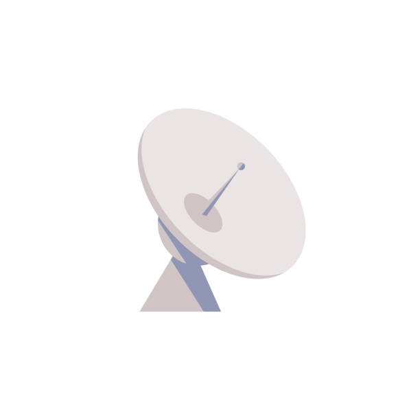 illustrazioni stock, clip art, cartoni animati e icone di tendenza di parabola satellitare con antenna per la trasmissione televisiva, illustrazione vettoriale piatta isolata su sfondo bianco. - parabolic mirror