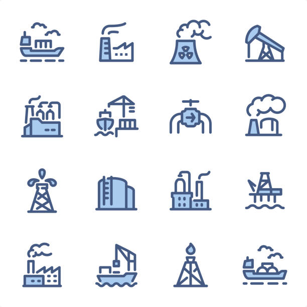 branża - ikony niebieskiej linii pixel perfect - oil rig oil well natural gas industrial ship stock illustrations