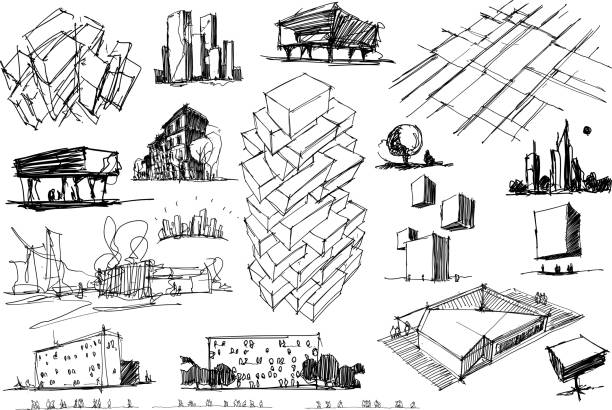 many architectural sketches of a modern fantastic architecture  and urban ideas many hand drawn architectectural sketches of a modern abstract fantastic architecture and urban ideas, buildings and people pen and ink stock illustrations