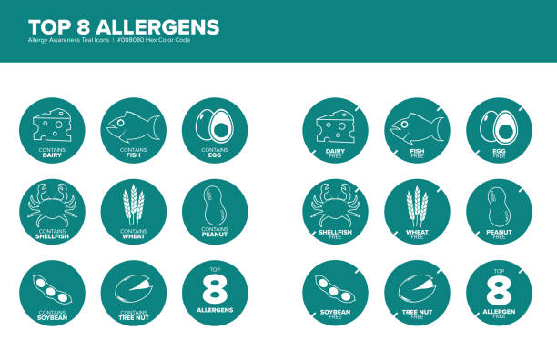 Top 8 Allergens Teal Icon set of the top eight food allergens and set of allergy free icons. Icons are modern and simple, using allergy awareness teal. food allergies stock illustrations