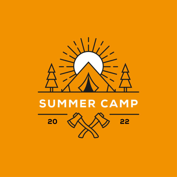 Summer camp vector logo. Summer camp, outdoor adventure, hiking linear label, emblem or badge design. Camping vector logotype. summer camp stock illustrations
