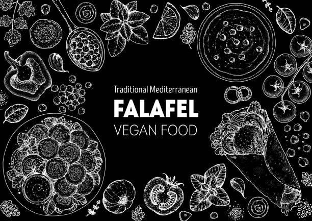 Falafel cooking and ingredients for falafel, sketch illustration. Middle eastern cuisine frame. Street food, design elements. Hand drawn, menu and package design. Vegan food. Falafel cooking and ingredients for falafel, sketch illustration. Middle eastern cuisine frame. Street food, design elements. Hand drawn, menu and package design. Vegan food kosher starter recipes stock illustrations