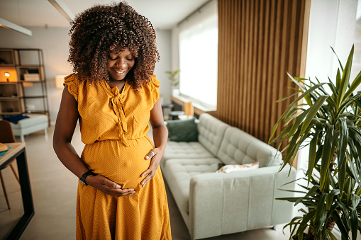 Portrait of young happy pregnant woman standing