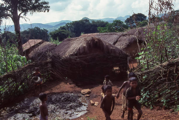 Orissa, Odisha, India - aug 23, 1996:   Orissa, Odisha, India - aug 23, 1996:   view of the simple mud and thatch houses of a Khond tribal village in the hills of Orissa in eastern India.   Photo from historical archive slide.  Photo from historical archive slide.