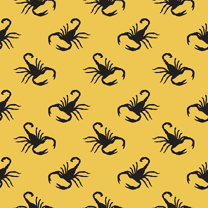 Vector seamless pattern of black scorpions on a gold colored square background.