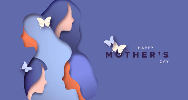 Happy Mother's Day paper cut woman head card Happy Mother's Day greeting card illustration of 3D paper cut woman faces together with butterfly for special mom gift. mothers day stock illustrations