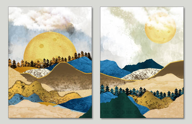 istock 3d modern art wall frame, landscape with blue, gray, green and turquoise mountains marble. trees, clouds 1393020305