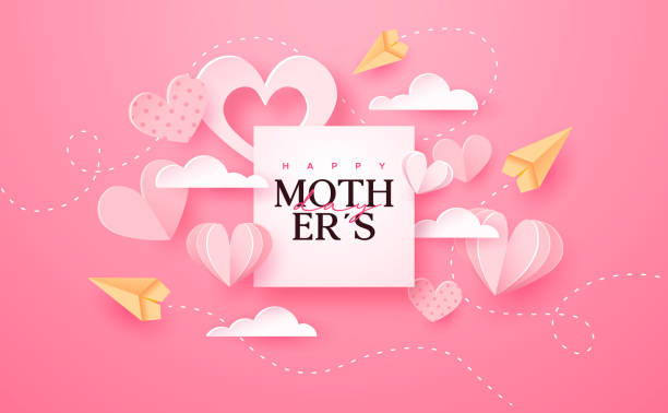 mother day pink paper cut love heart gift card - mother stock illustrations