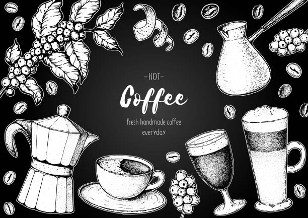 ilustrações, clipart, desenhos animados e ícones de xícaras de café, feijão e ilustração de cafeiculís. design vintage para cafeteria. ilustração vetorial gravada. - backgrounds bean drink caffeine