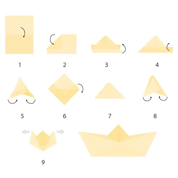 Vector illustration of instructions on how to make a paper boat step by step. origami. DIY paper crafts. Kids toys. flat vector.