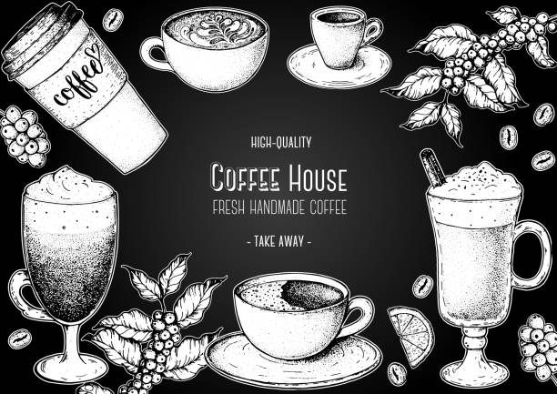 ilustrações, clipart, desenhos animados e ícones de xícaras de café, feijão e ilustração de cafeiculís. design vintage para cafeteria. ilustração vetorial gravada. - backgrounds bean drink caffeine