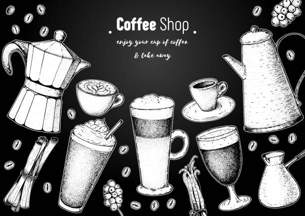 ilustrações, clipart, desenhos animados e ícones de xícaras de café, feijões e potes de café ilustram. design vintage para cafeteria. ilustração vetorial gravada. - backgrounds bean drink caffeine