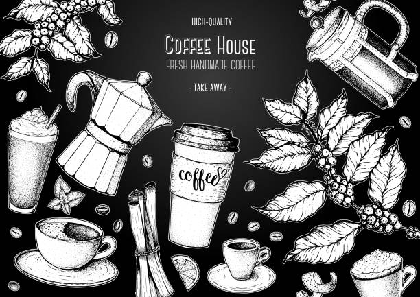 ilustrações, clipart, desenhos animados e ícones de xícaras de café, feijão e ilustração de cafeiculís. design vintage para cafeteria. ilustração vetorial gravada. - backgrounds bean drink caffeine