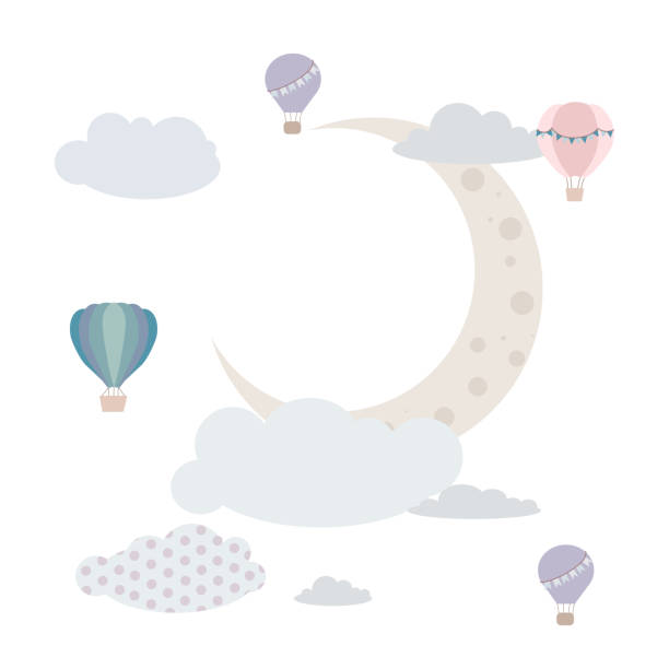 istock Big moon in pastel colors. Balloons and airship. Children's illustration, Cute print, vector. Isolated on a white background. 1393020713