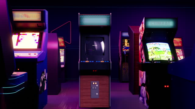 A retro arcade room. 3D Animation render. Isolated closeup.