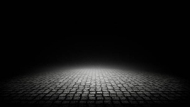 istock Sidewalk cobblestone. 3D beautiful sidewalk background. Realistic pavement paving stones and light on dark background. Dark background 1393025197