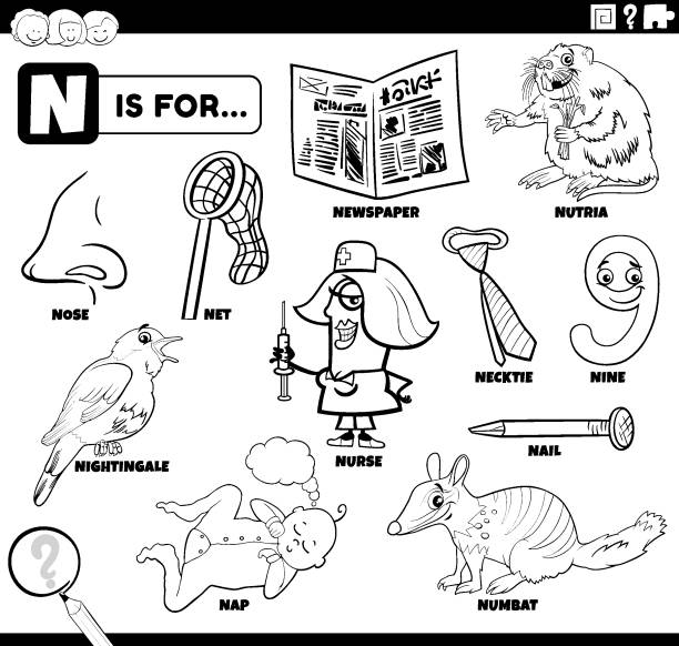 letter n words educational set coloring book page Black and white educational cartoon illustration for children with comic characters and objects set for letter N coloring book page nutria rodent animal alphabet stock illustrations