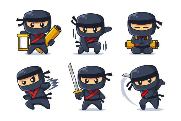 Vector illustration of Ninja Cartoon Character in Various Poses
