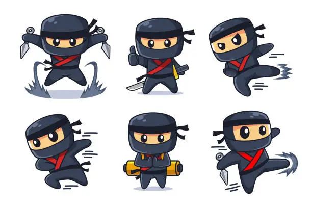 Vector illustration of Ninja Cartoon Character in Various Poses Set