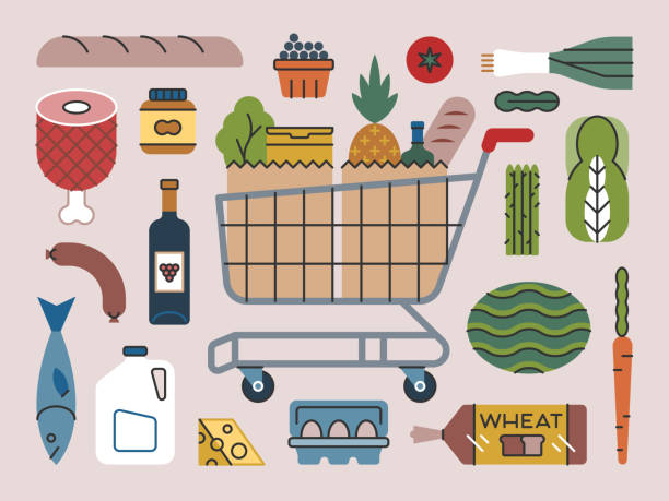 ilustrações, clipart, desenhos animados e ícones de groceries & cart — série brightline - asparagus vegetable food fruit