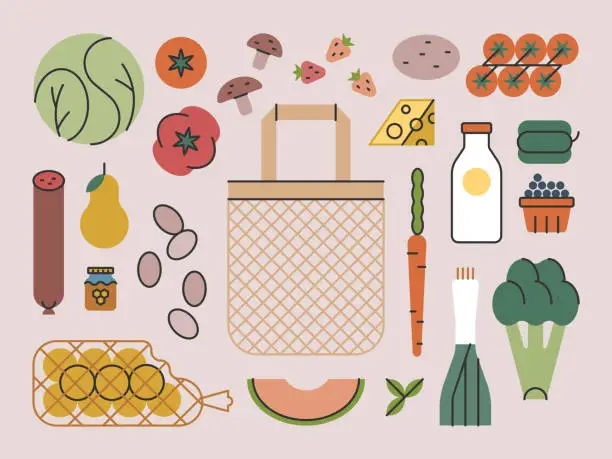 Vector illustration of Groceries & Tote Bag— Brightline Series